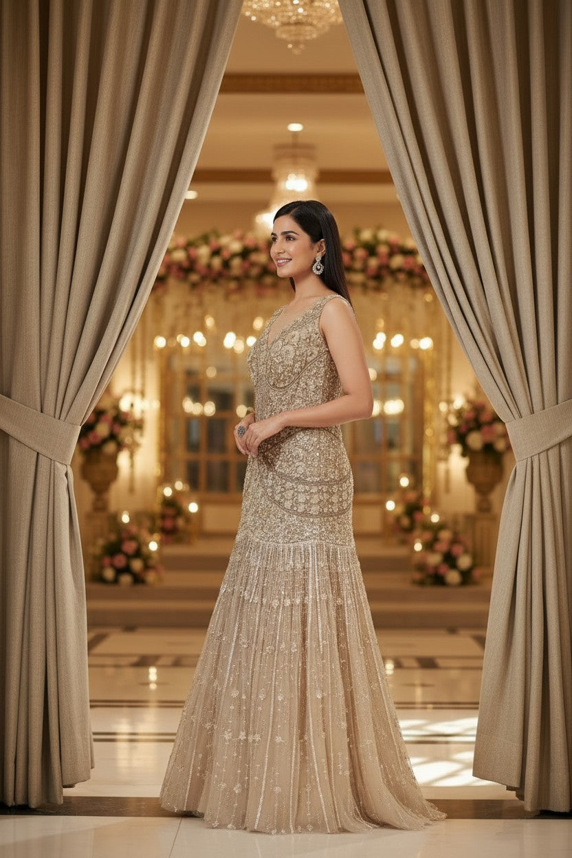 Beige Net Anarkali Gown with Thread Bodice for Walima Night