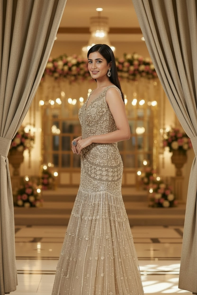 Beige Net Anarkali Gown with Thread Bodice for Walima Night