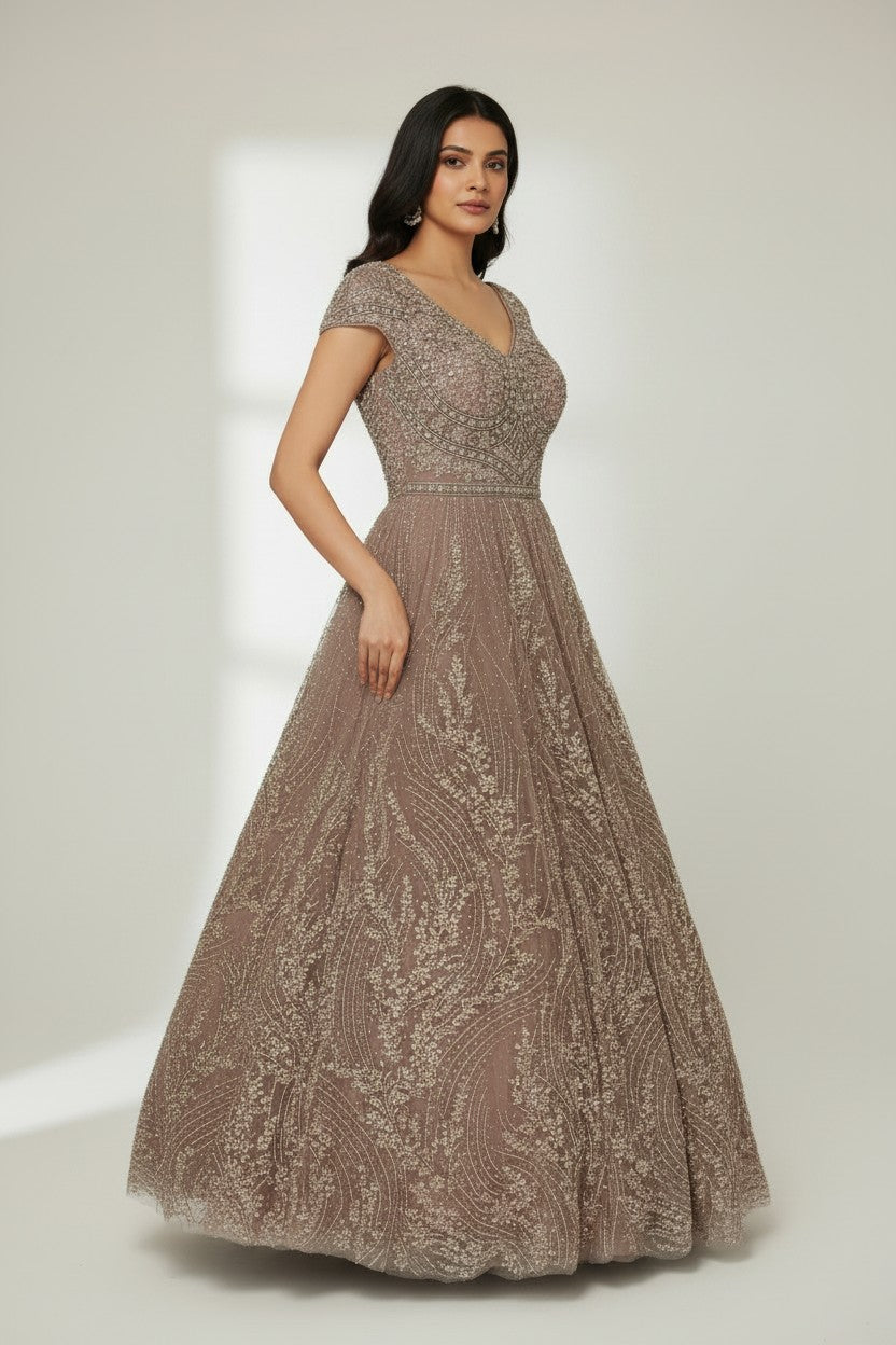 Luxe Embroidered Net Suit Gown - View 2 | Rangoli