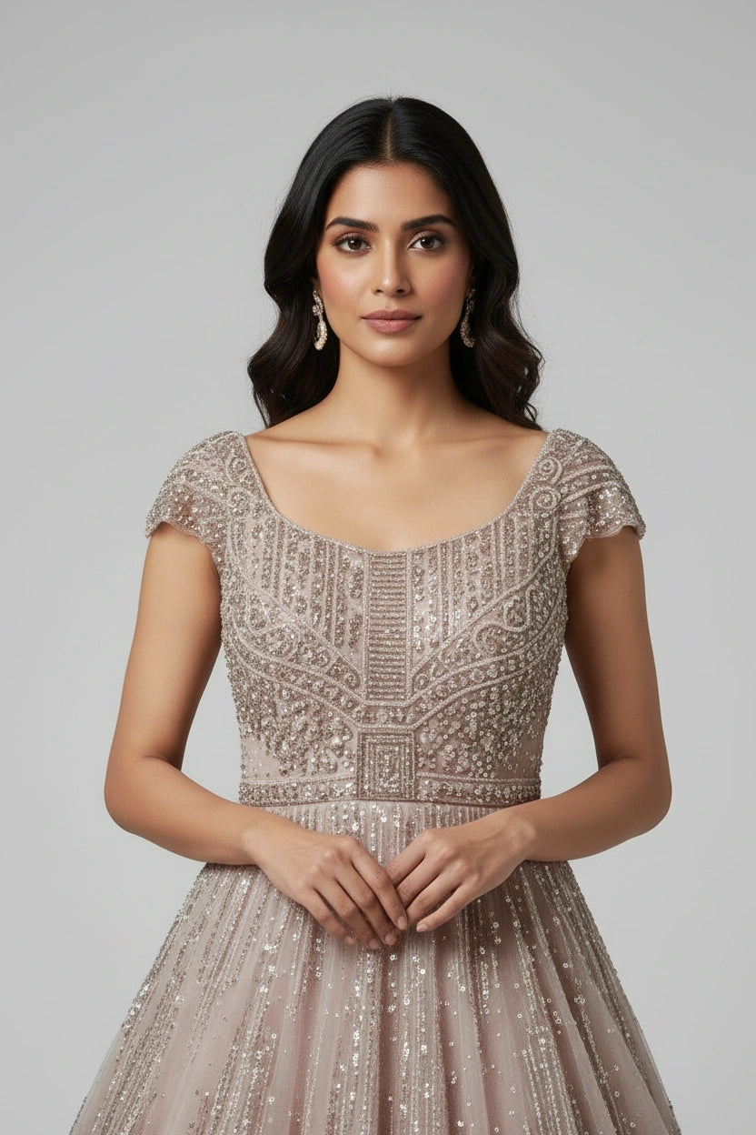 Luxe Embroidered Net Suit Gown - View 2 | Rangoli