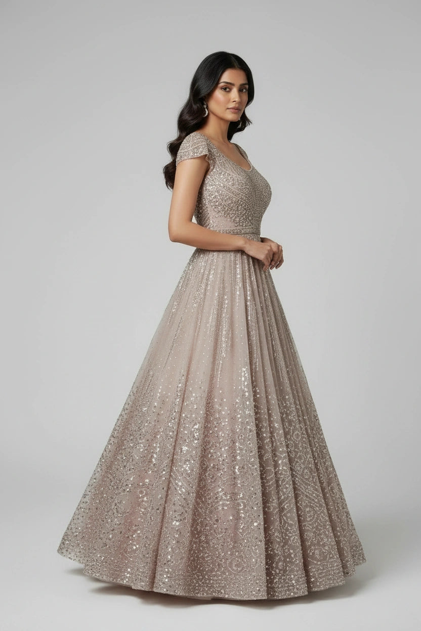 Luxe Embroidered Net Suit Gown - View 3 | Rangoli