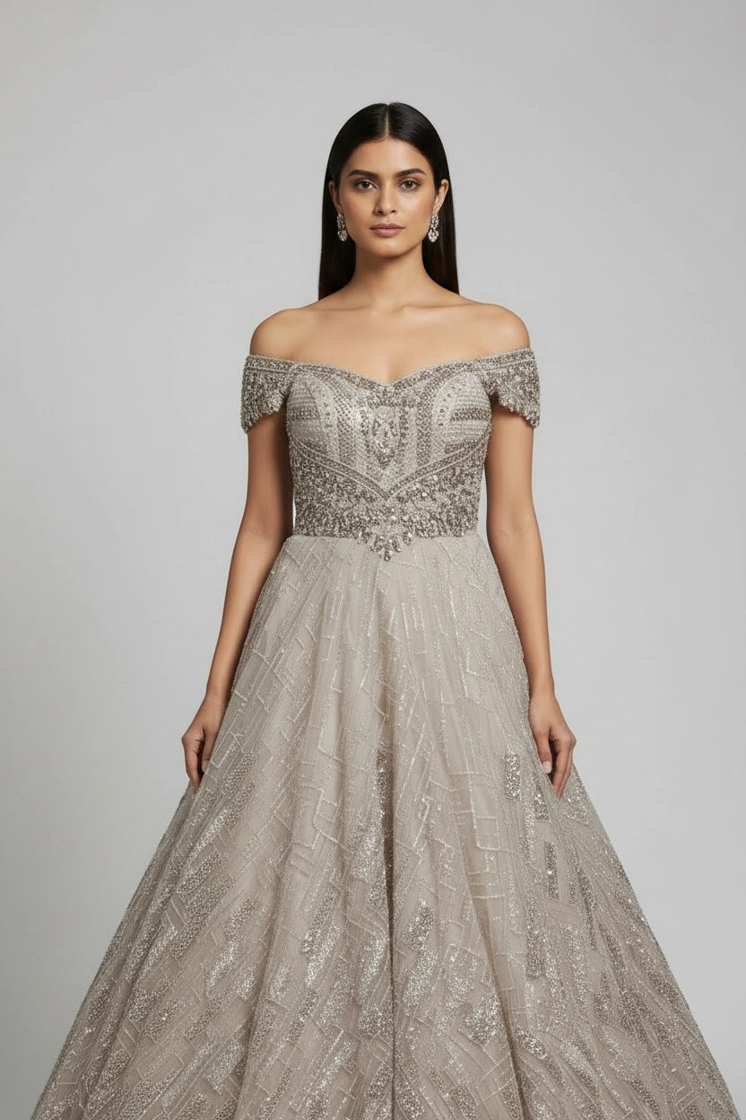 Luxe Embroidered Net Suit Gown - View 2 | Rangoli
