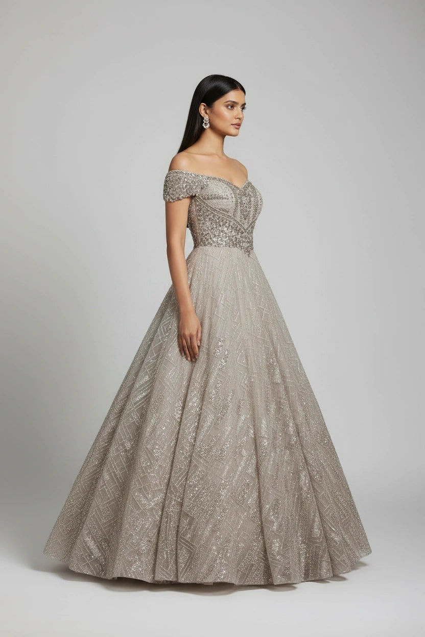 Luxe Embroidered Net Suit Gown - View 3 | Rangoli