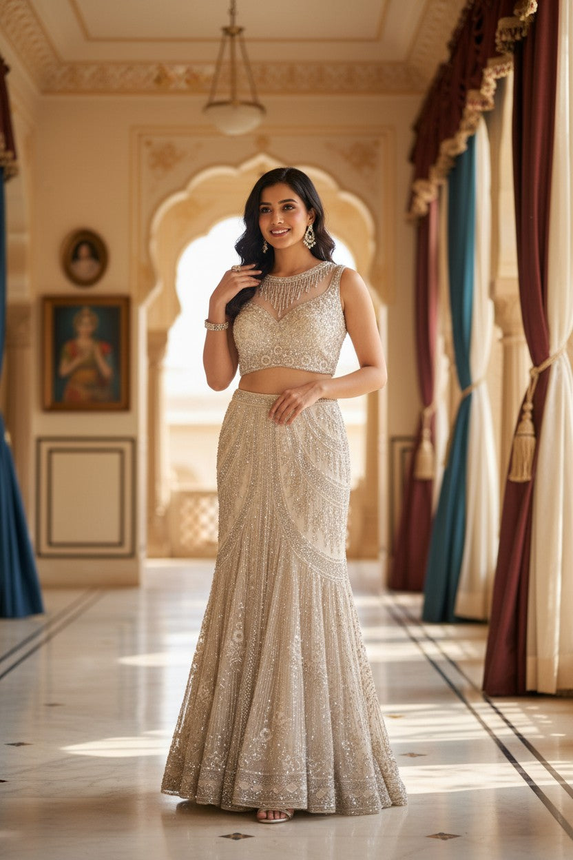 Beige Net Anarkali Gown with Mirror Bodice for Reception Evening