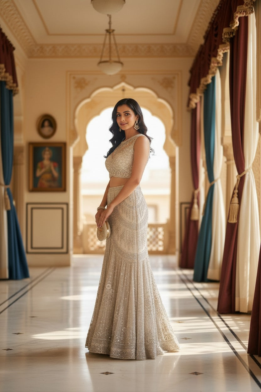 Beige Net Anarkali Gown with Mirror Bodice for Reception Evening