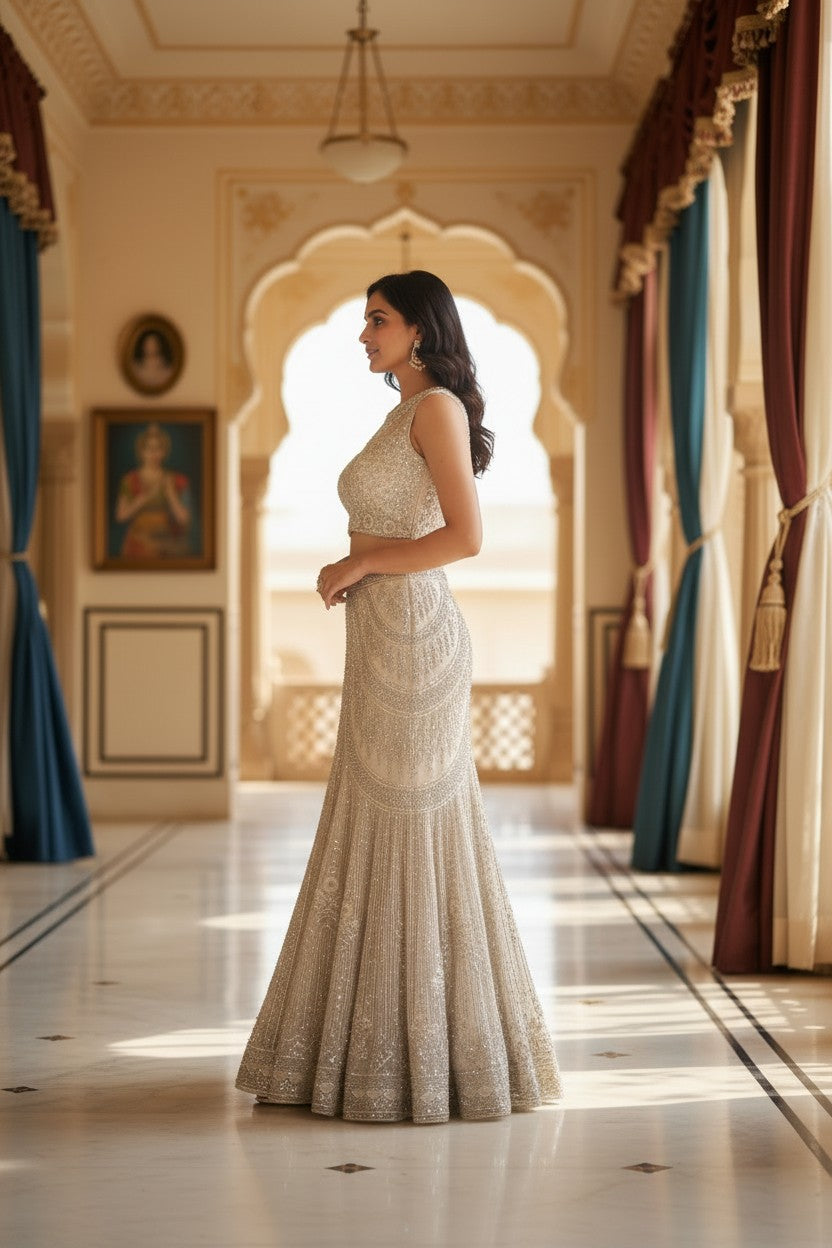 Beige Net Anarkali Gown with Mirror Bodice for Reception Evening