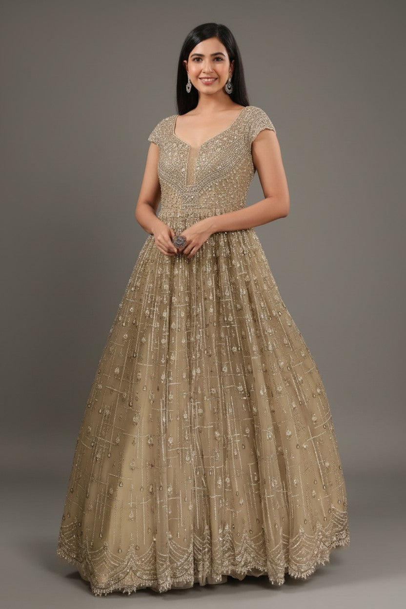 Luxe Embroidered Net Suit Gown | Rangoli