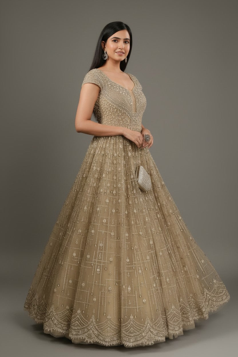 Luxe Embroidered Net Suit Gown - View 2 | Rangoli