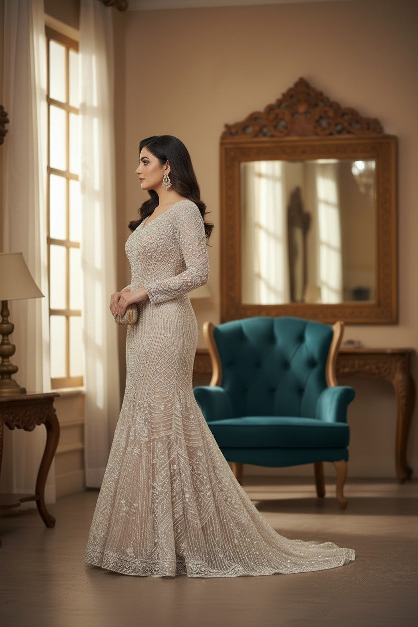Pink Net Anarkali Gown with Cutdana Hem for Festive Reception
