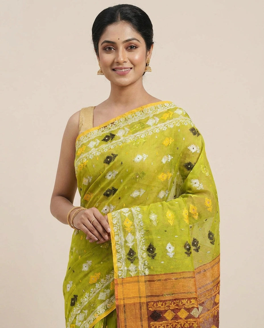 Cotton Embroidered Saree with Geometric Border - Rangoli India