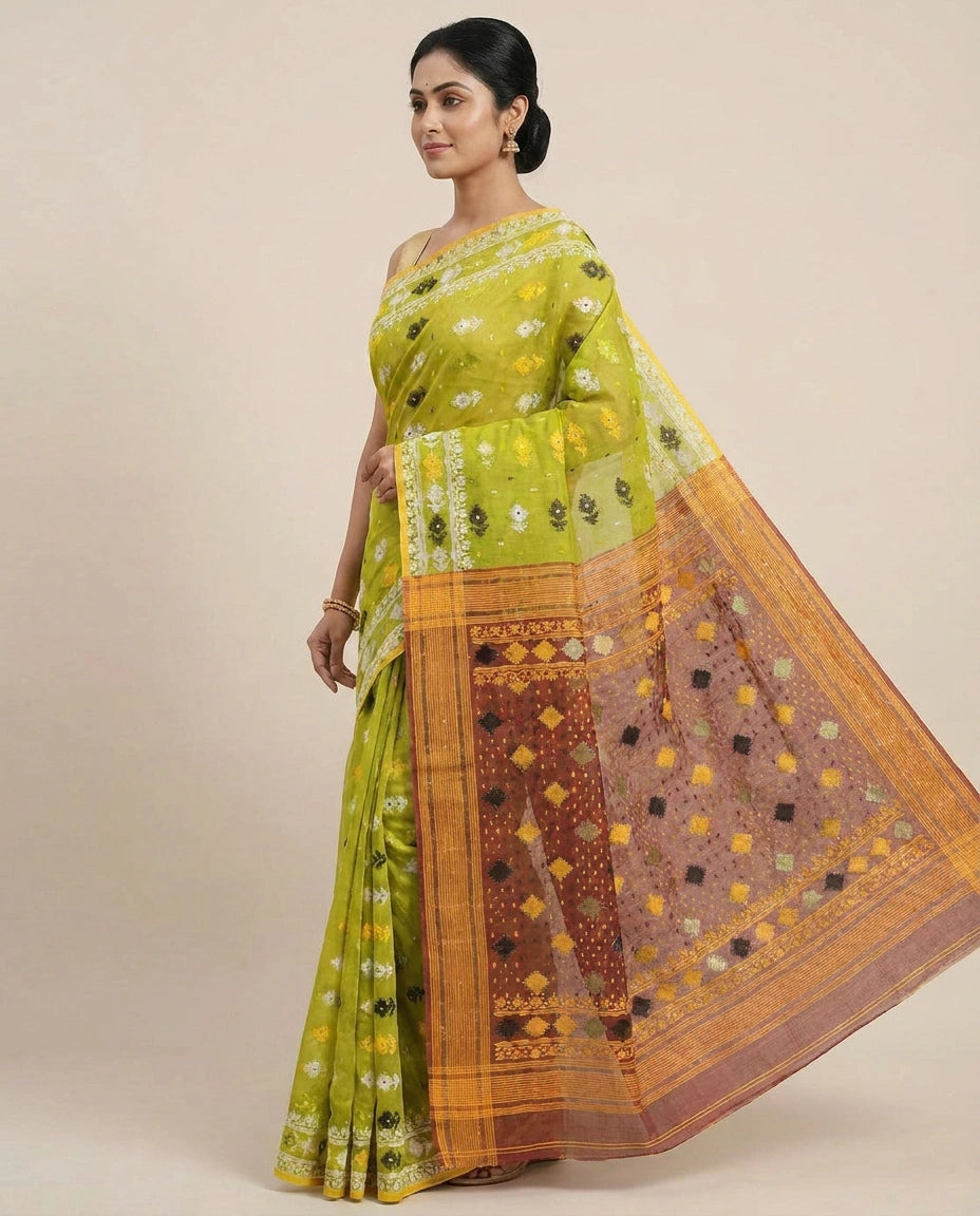 Cotton Embroidered Saree with Geometric Border - Rangoli India