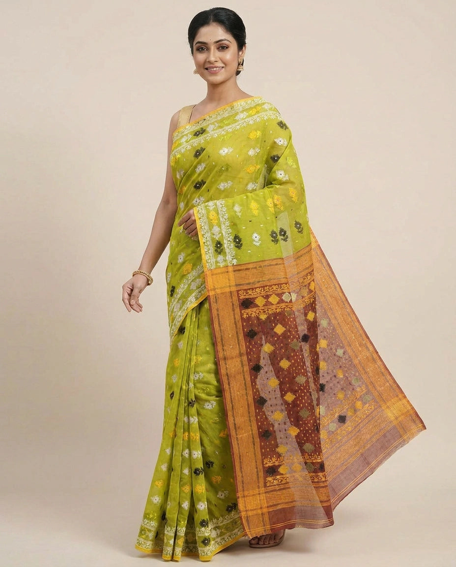 Cotton Embroidered Saree with Geometric Border - Rangoli India