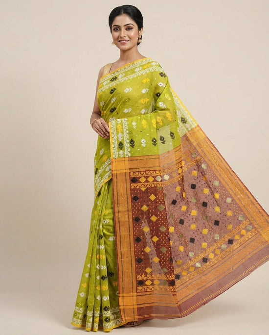 Cotton Embroidered Saree with Geometric Border - Rangoli India