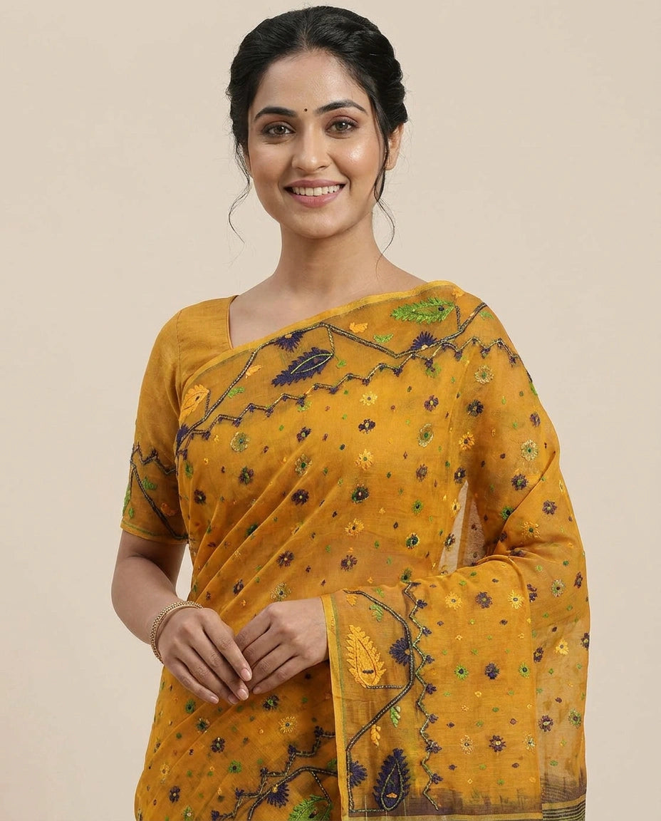 Mustard Embroidered Saree with Scalloped Hem - Rangoli India