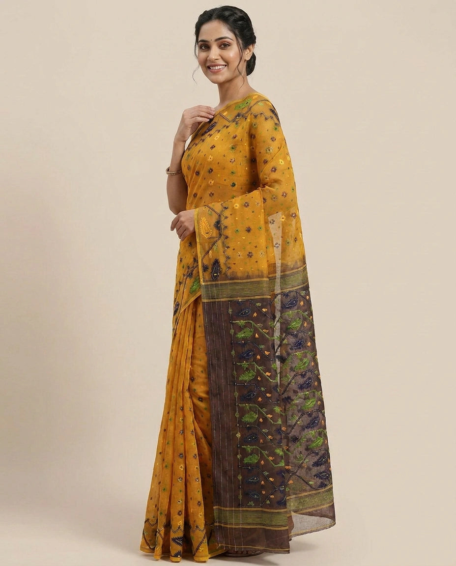 Mustard Embroidered Saree with Scalloped Hem - Rangoli India