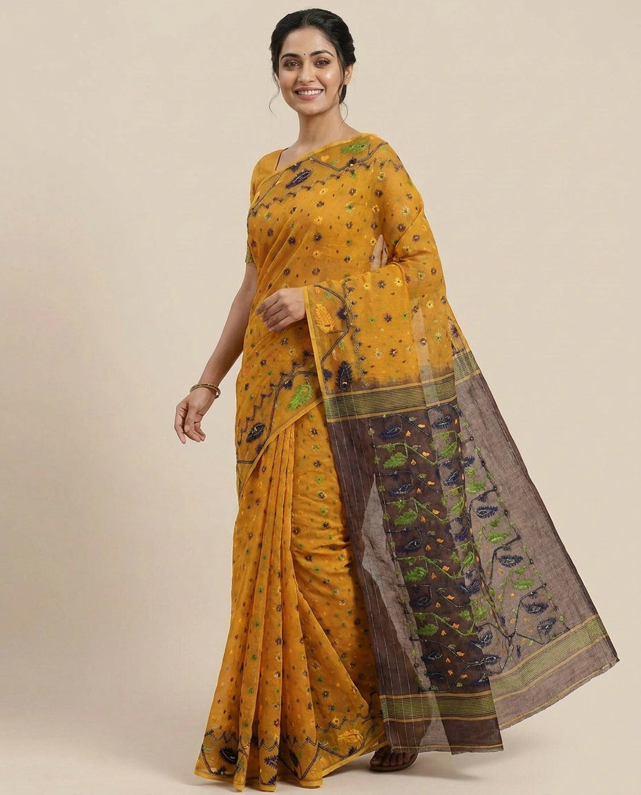 Mustard Embroidered Saree with Scalloped Hem - Rangoli India