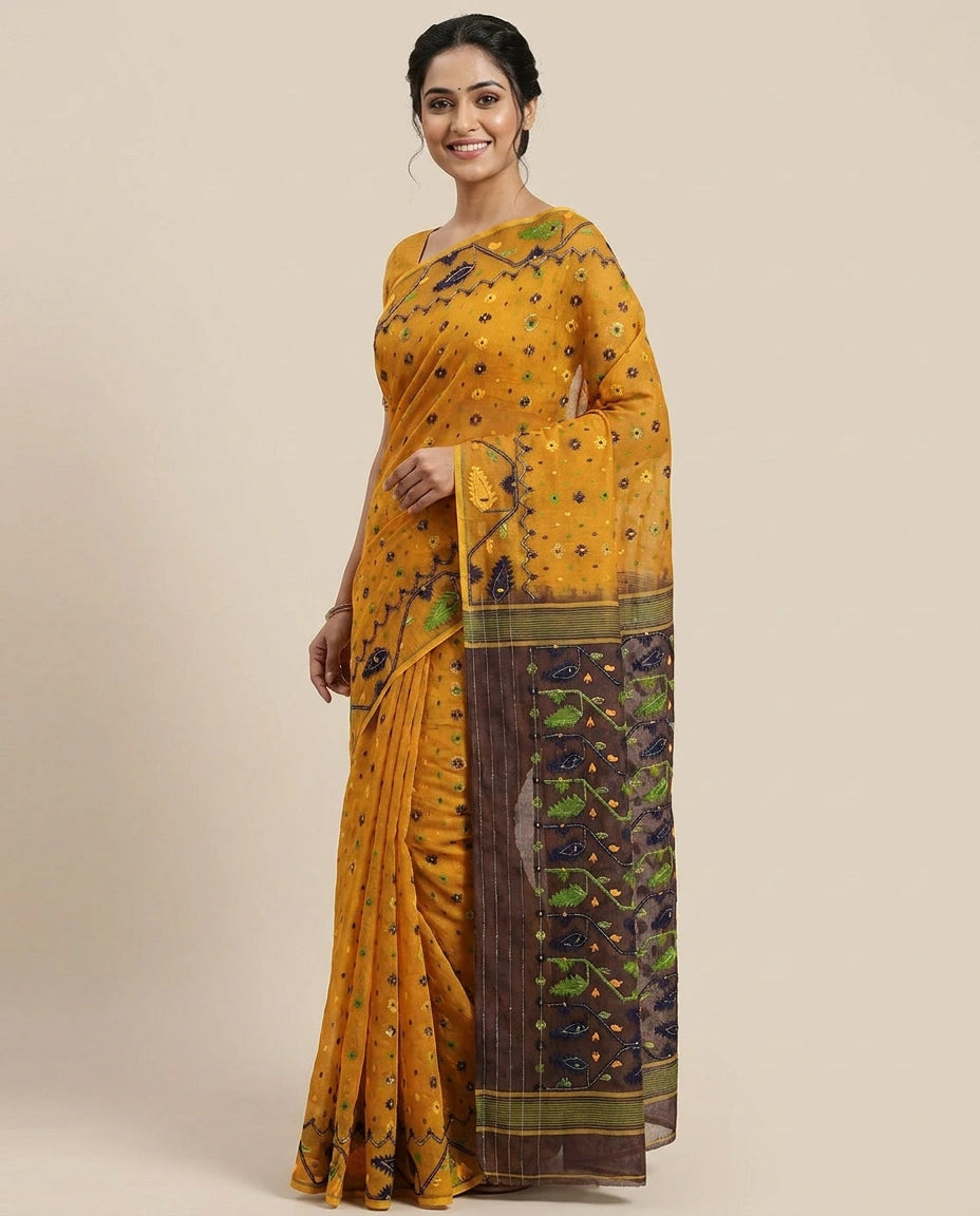 Mustard Embroidered Saree with Scalloped Hem - Rangoli India