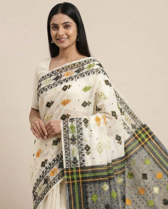 Off White Embroidered Saree with Black Border - Rangoli India