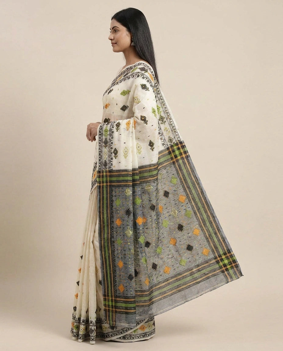 Off White Embroidered Saree with Black Border - Rangoli India