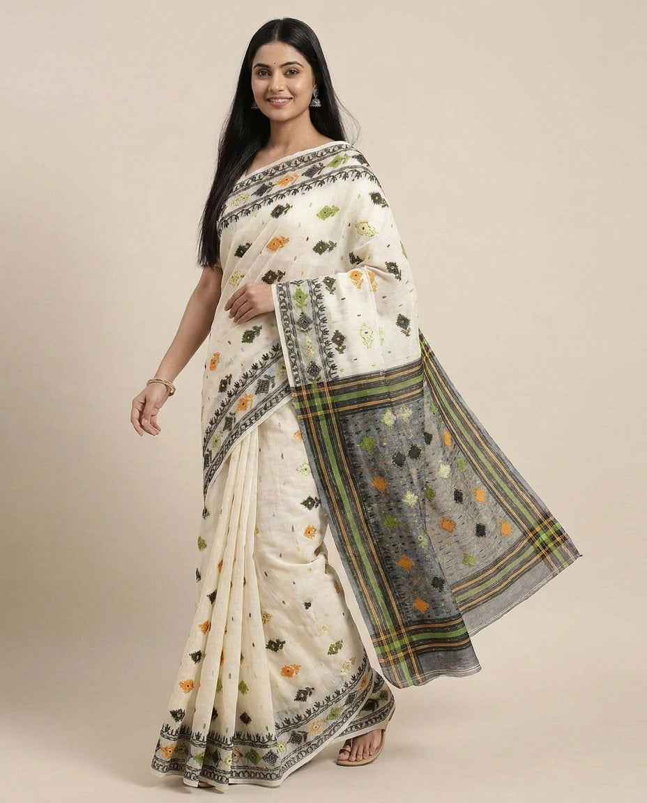 Off White Embroidered Saree with Black Border - Rangoli India