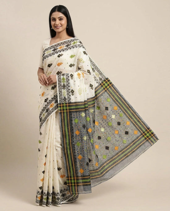 Off White Embroidered Saree with Black Border - Rangoli India