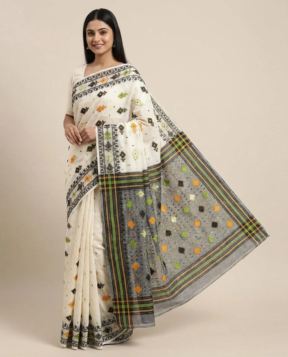 Off White Embroidered Saree with Black Border - Rangoli India