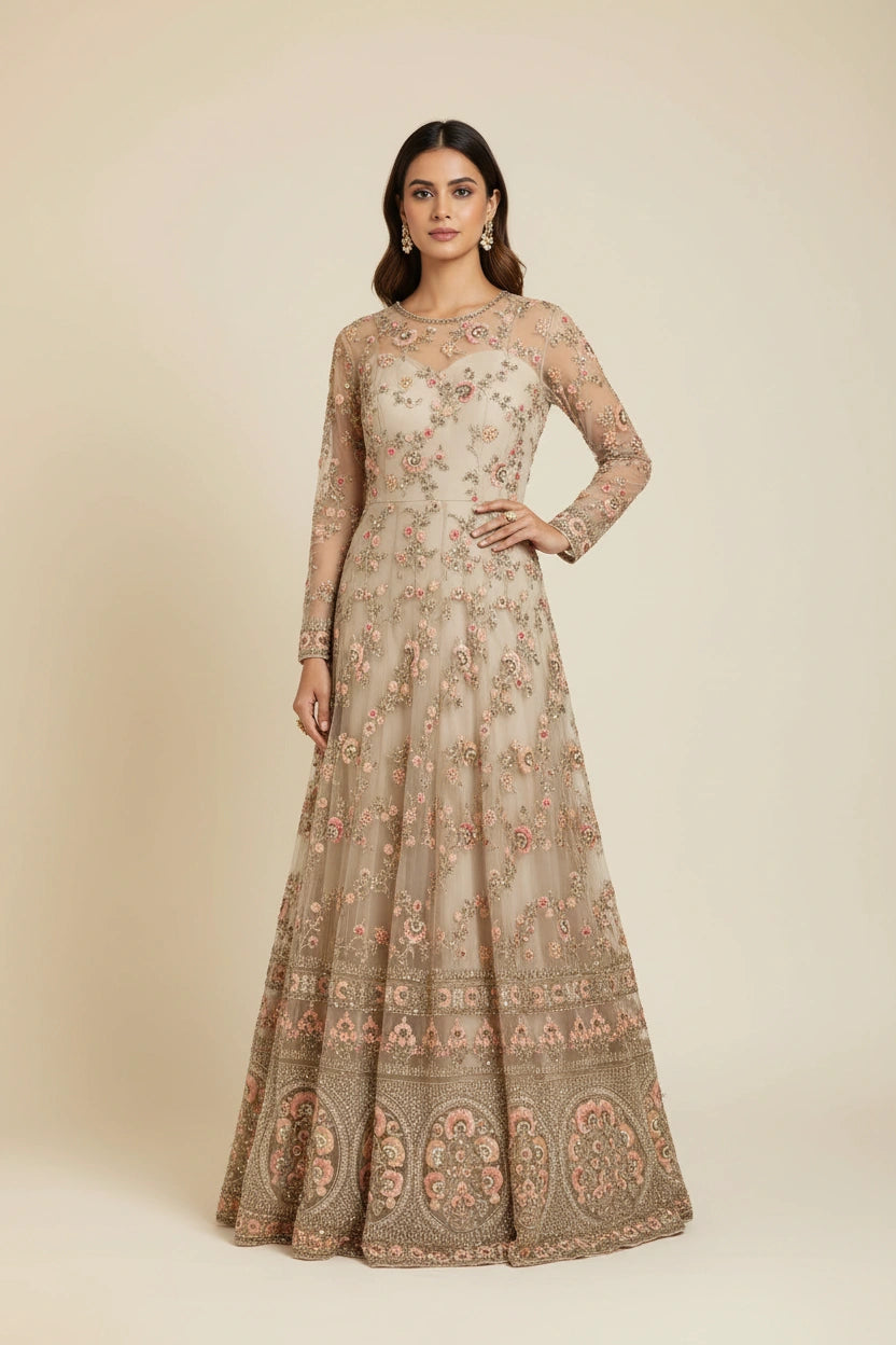 Designer Embroidered Net Suit Gown - Pink | Rangoli