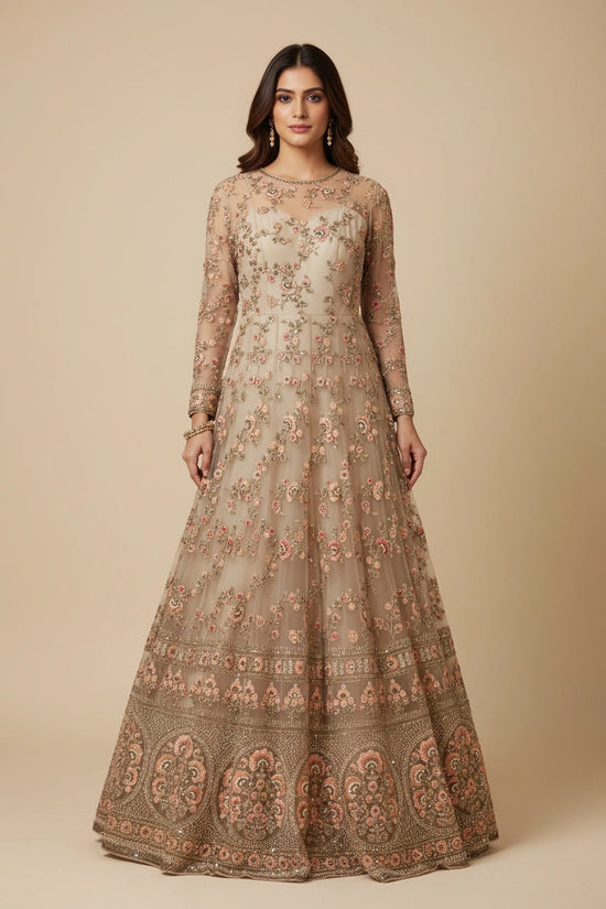Designer Embroidered Net Suit Gown - Chiku | Rangoli