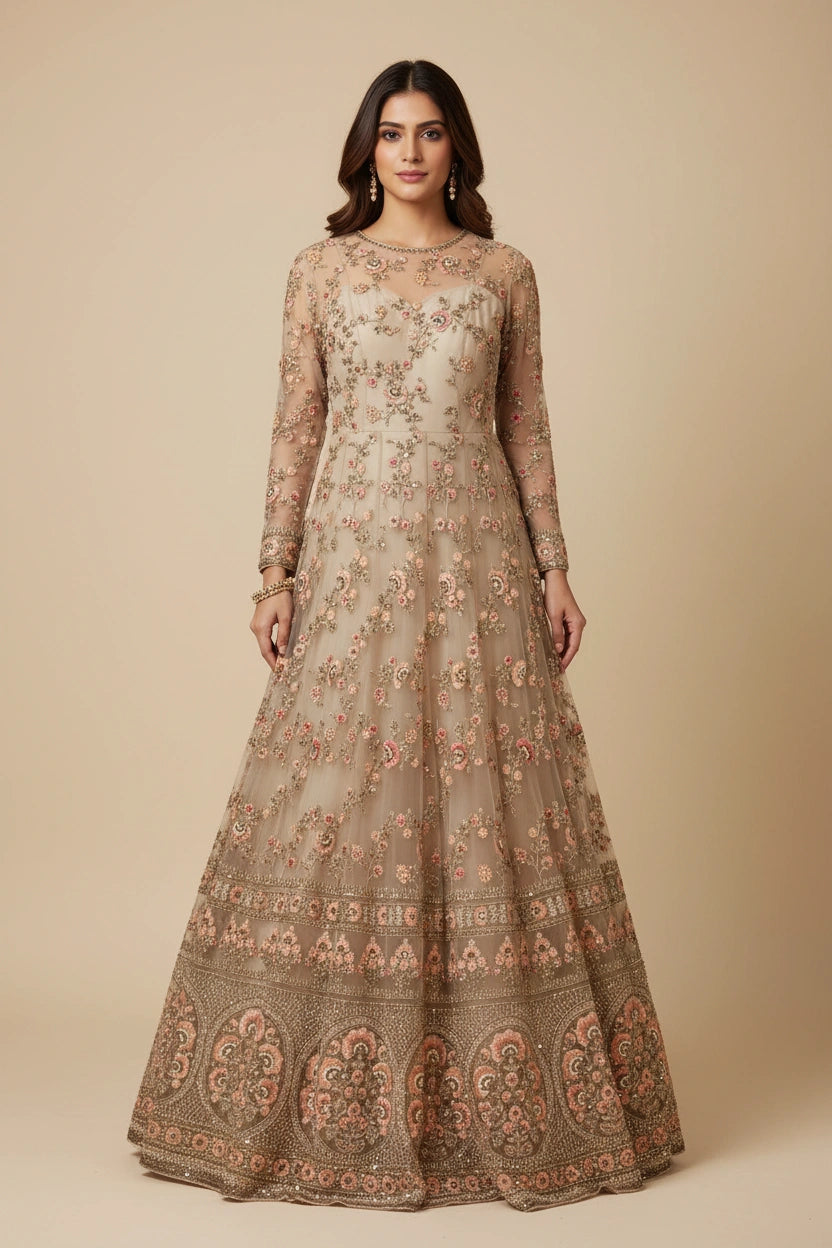 Designer Embroidered Net Suit Gown - Chiku | Rangoli
