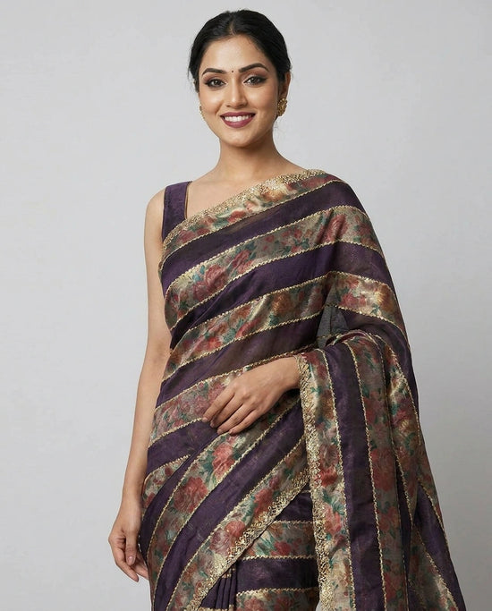 Fandy Satin Embroidered Saree with Floral Border - Rangoli India