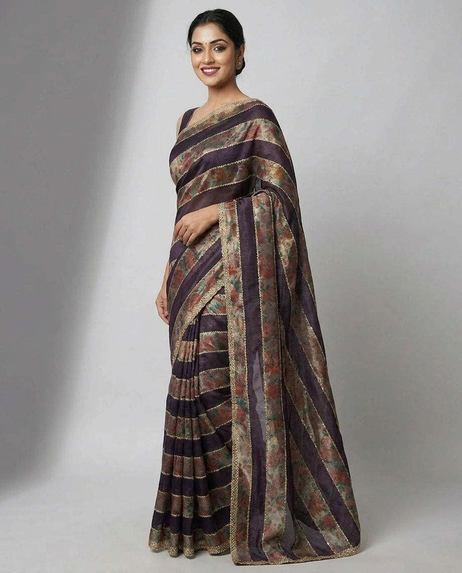Fandy Satin Embroidered Saree with Floral Border - Rangoli India