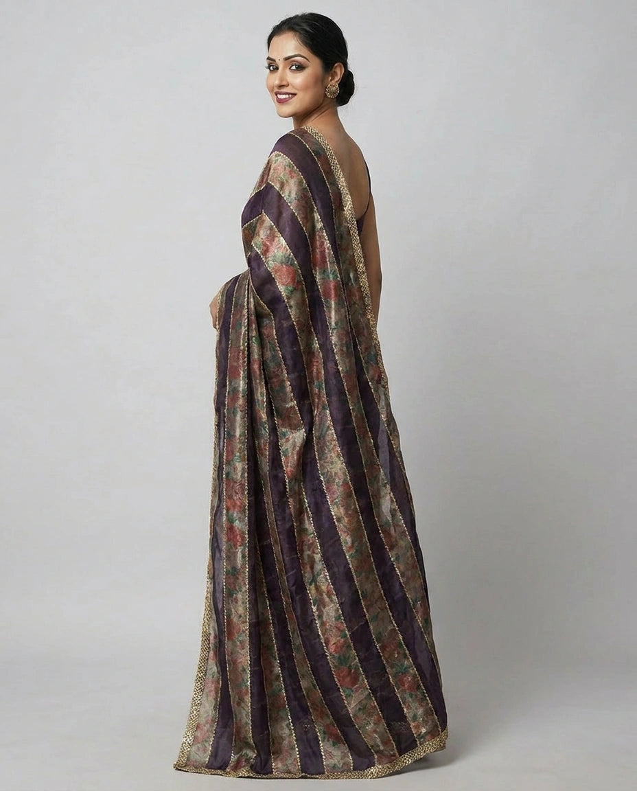 Fandy Satin Embroidered Saree with Floral Border - Rangoli India
