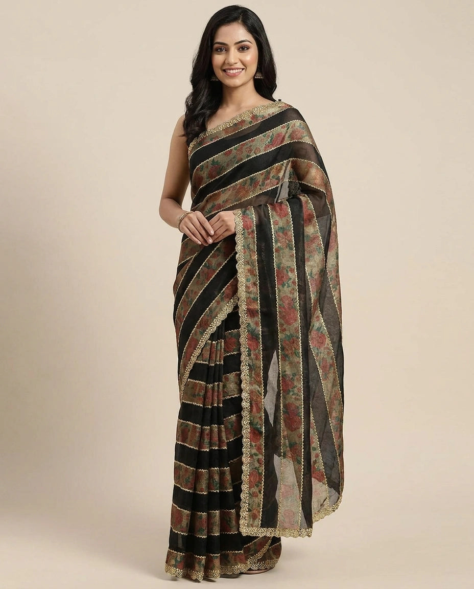 Fandy Satin Embroidered Saree with Floral Border - Rangoli India