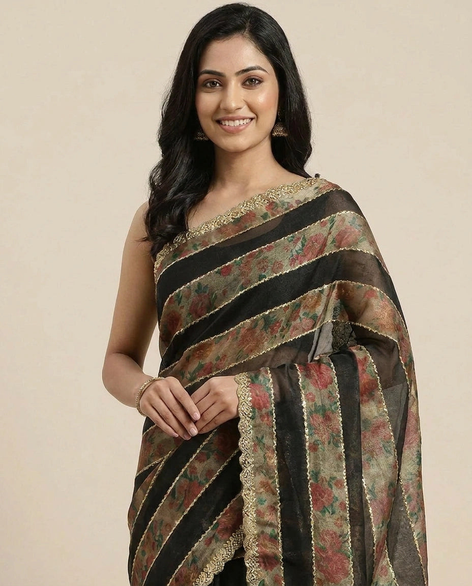 Fandy Satin Embroidered Saree with Floral Border - Rangoli India