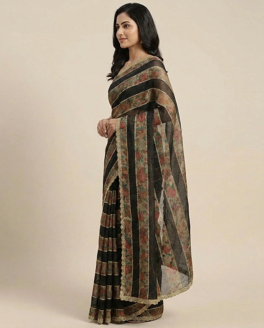 Fandy Satin Embroidered Saree with Floral Border - Rangoli India