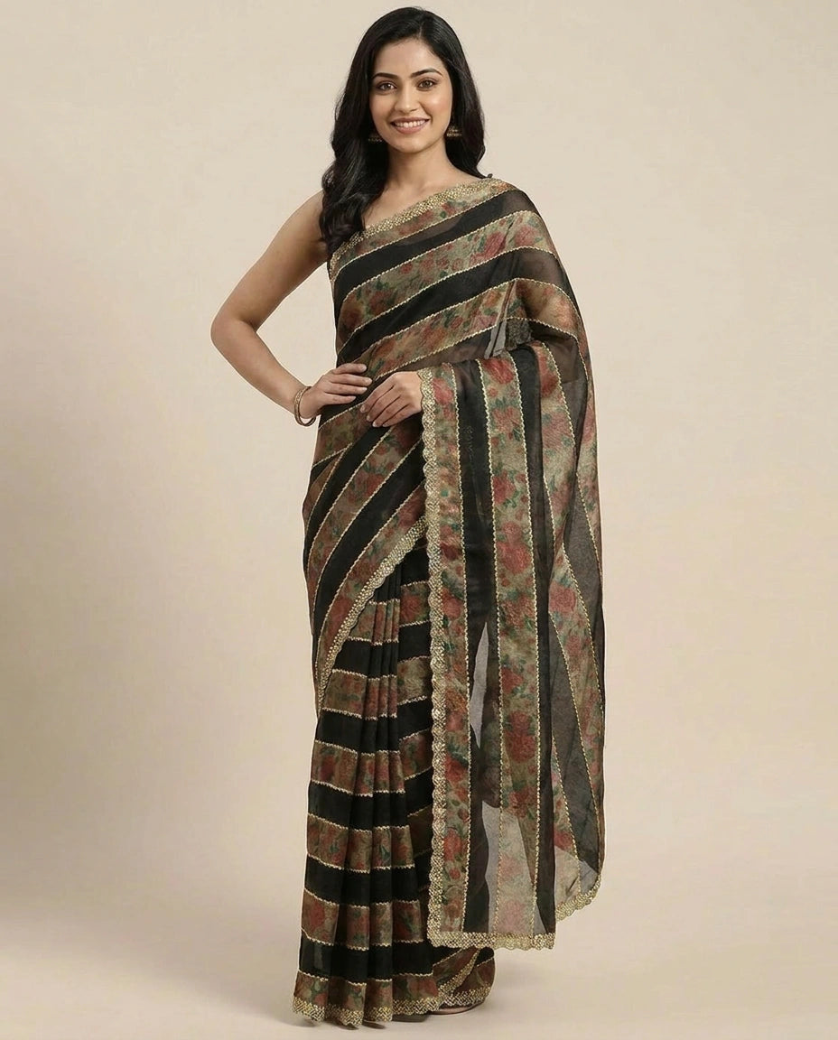 Fandy Satin Embroidered Saree with Floral Border - Rangoli India