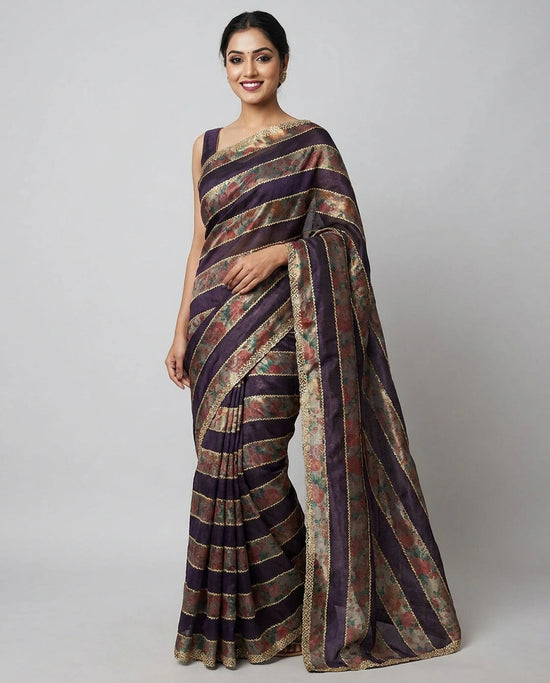 Fandy Satin Embroidered Saree with Floral Border - Rangoli India