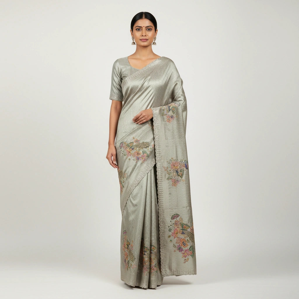 Embroidered Tissue Silk Saree with Traditional Motifs