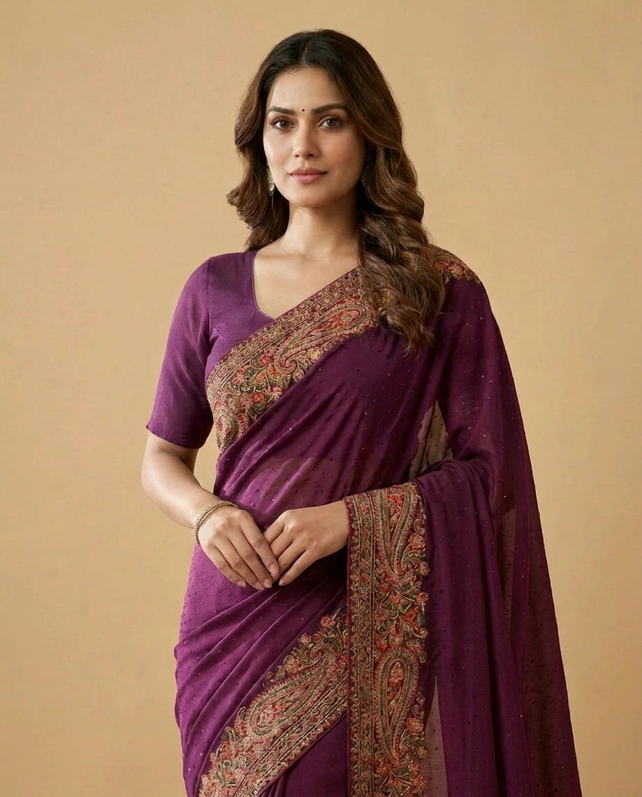 Embroidered Georgette Saree with Heavy Sequin Pallu Work view 8
