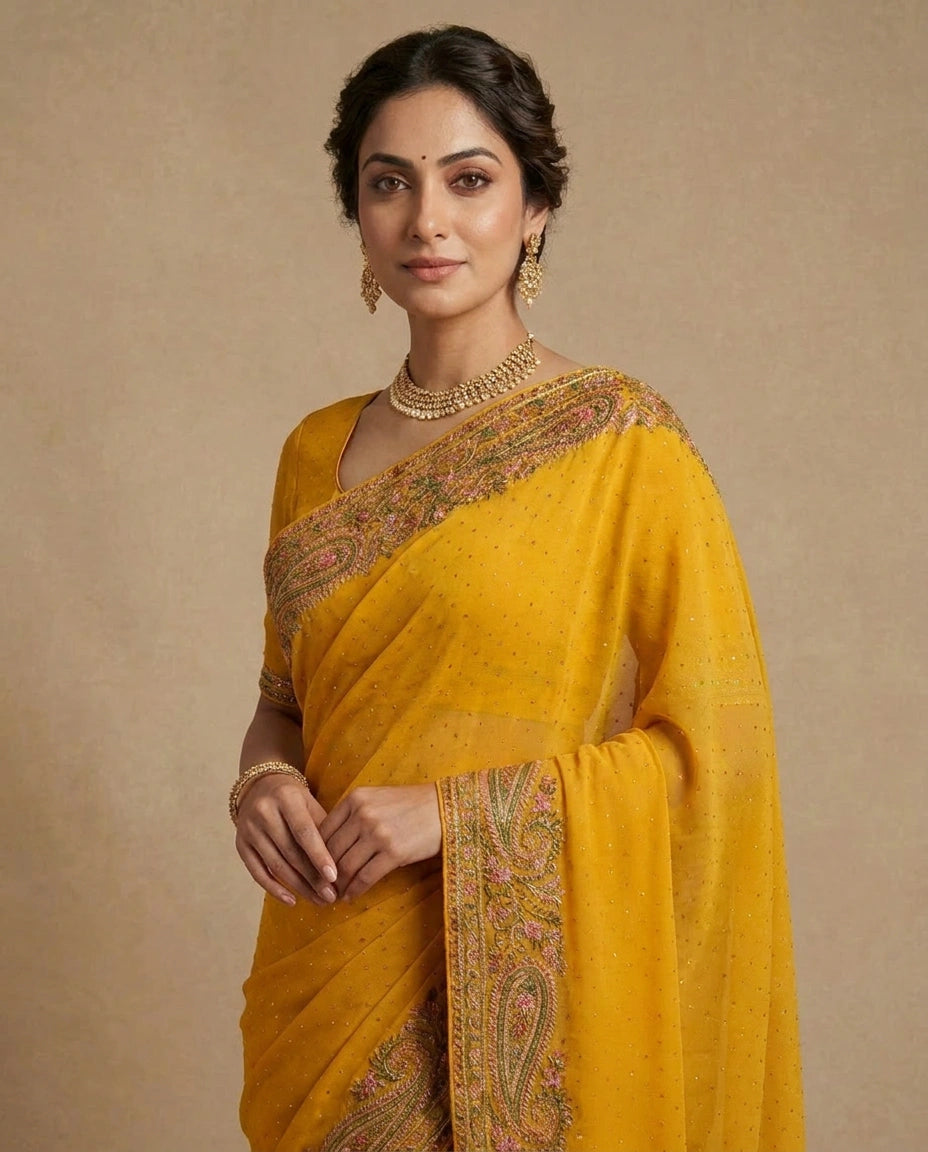 Embroidered Georgette Saree with Heavy Sequin Pallu Work view 12