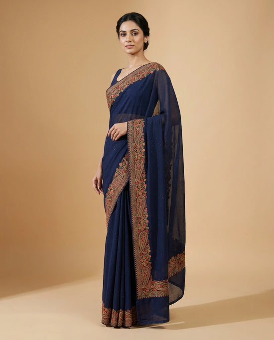 Navy Blue Embroidered Georgette Saree with Heavy Sequin Pallu Work
