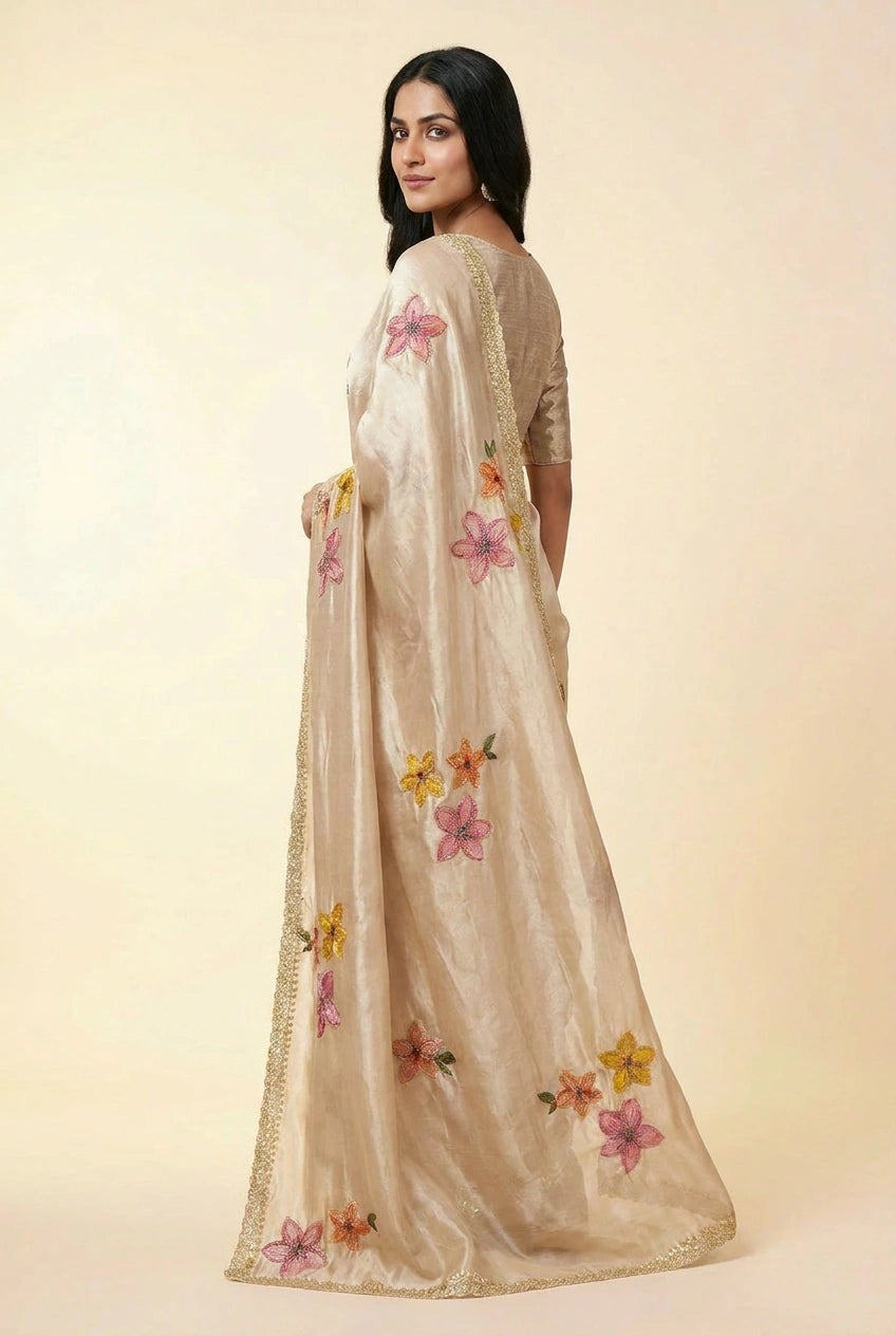 Beige Crepe Silk Embroidered Saree for Wedding Wear