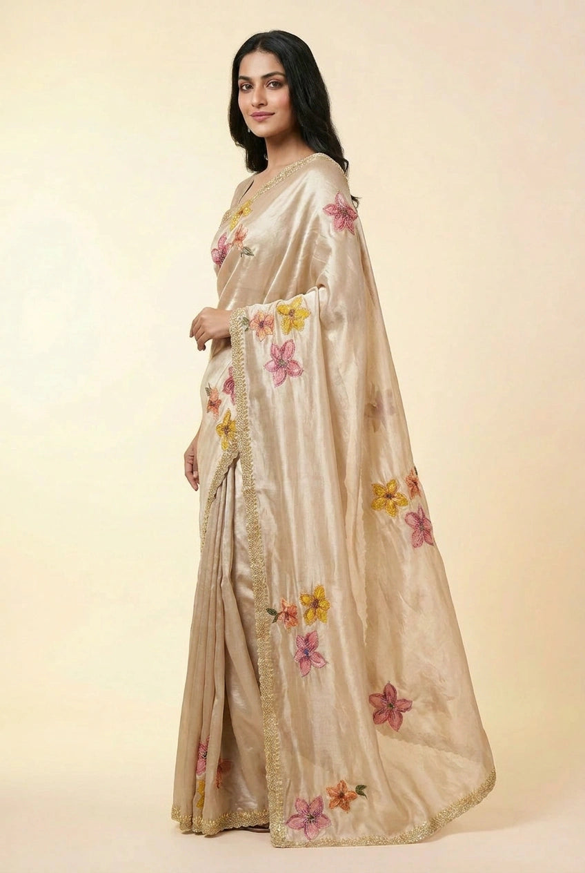 Beige Crepe Silk Embroidered Saree for Wedding Wear