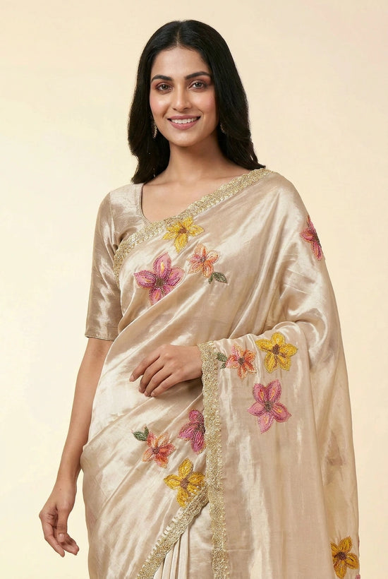 Beige Crepe Silk Embroidered Saree for Wedding Wear