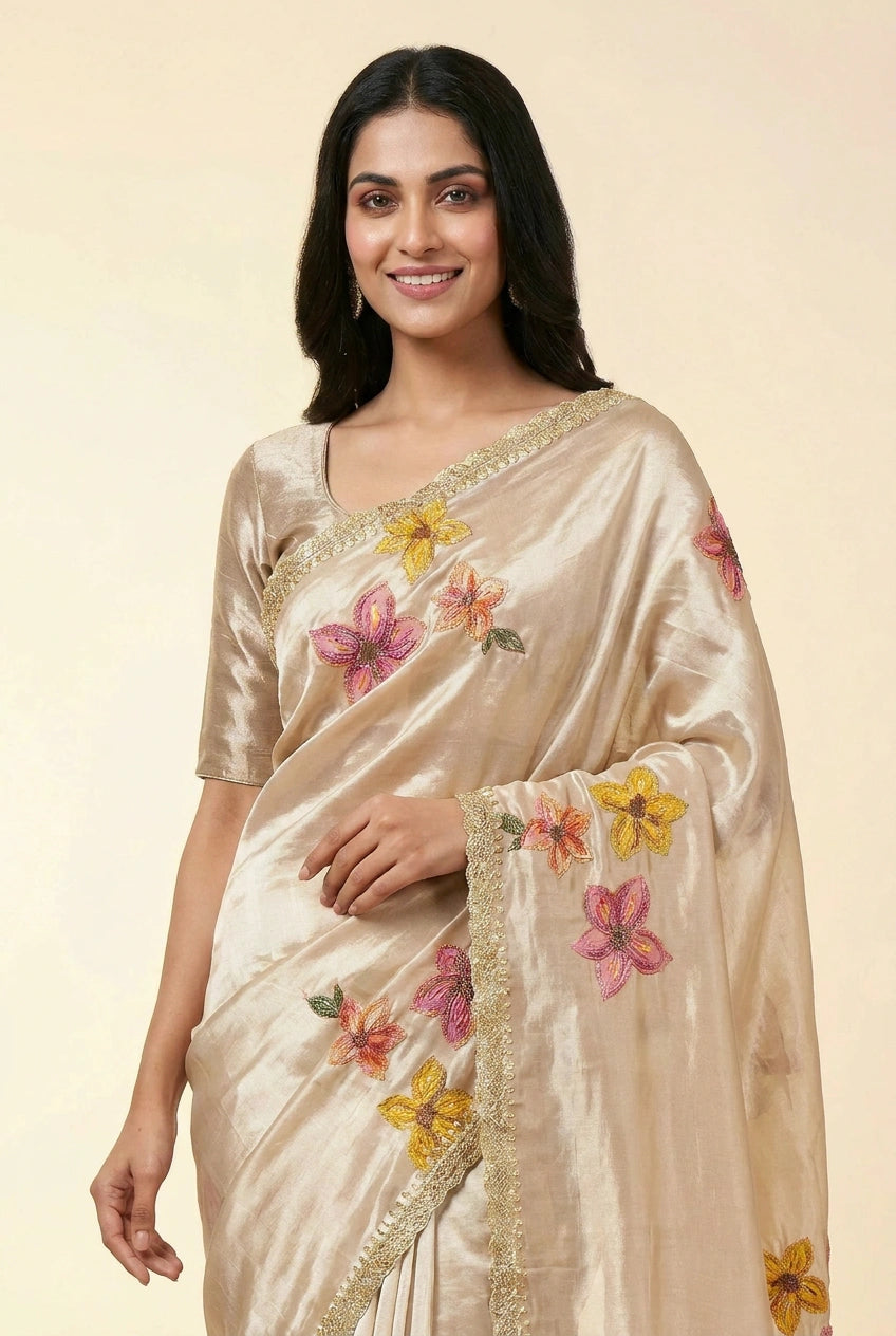 Beige Crepe Silk Embroidered Saree for Wedding Wear