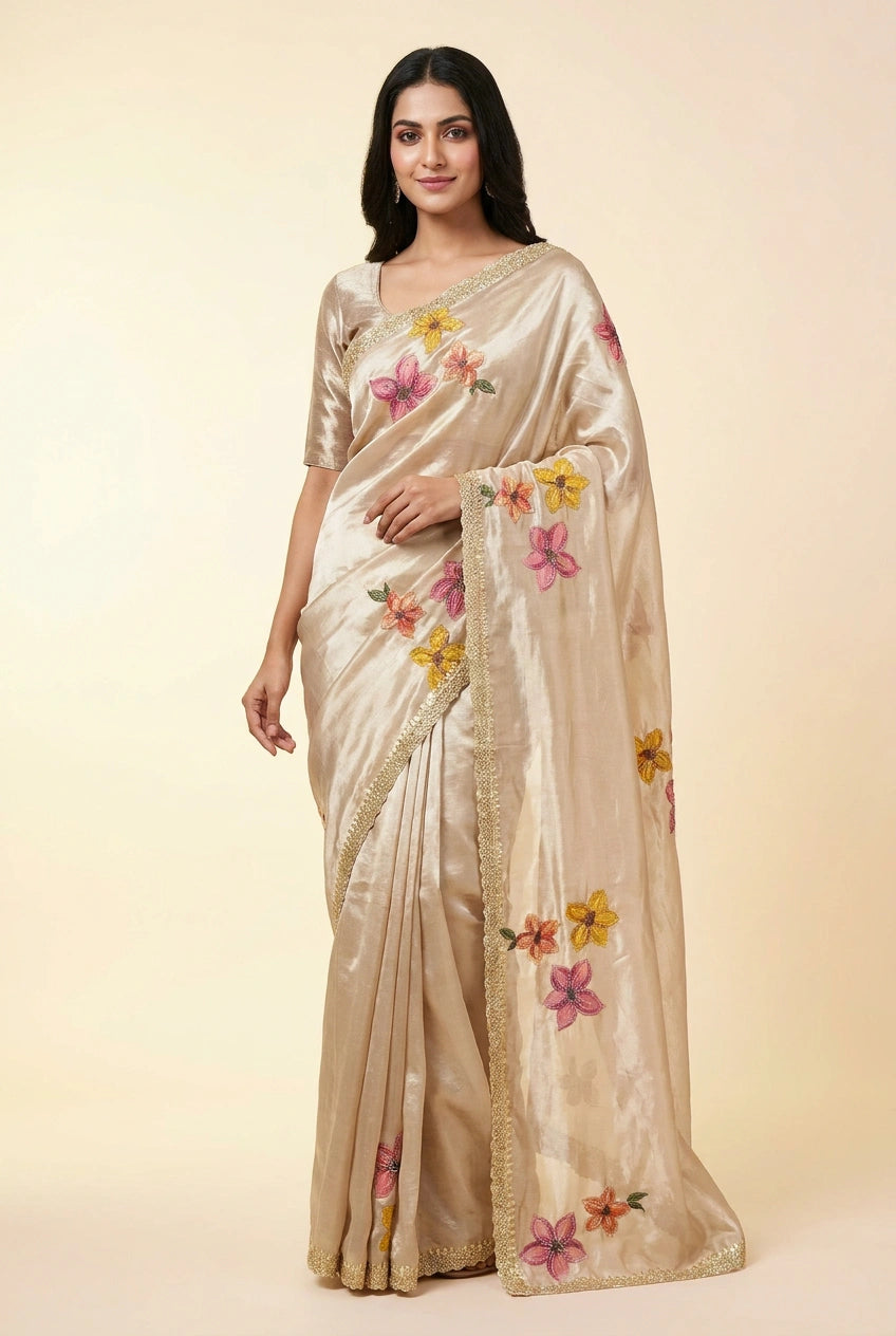 Beige Crepe Silk Embroidered Saree for Wedding Wear