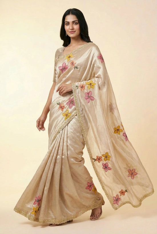 Beige Crepe Silk Embroidered Saree for Wedding Wear