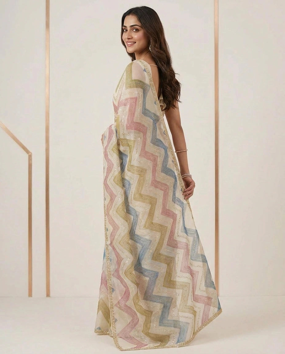 Satin Designer Saree with Hand Embroidery view 3