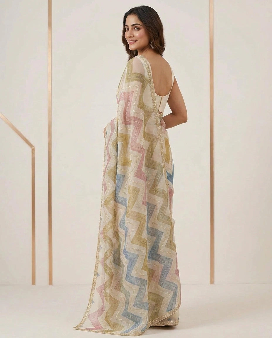 Satin Designer Saree with Hand Embroidery view 4