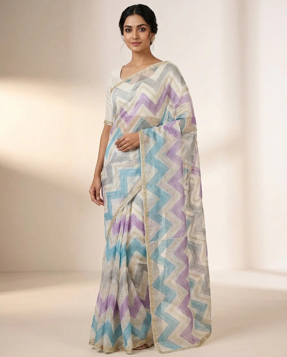 Satin Designer Saree with Hand Embroidery view 5